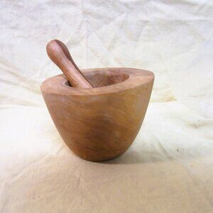 VTG MORTAR & PESTLE, HANDCRAFTED THICK WOOD BOWL, WOOD PESTLE